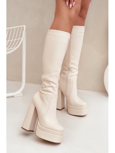 Warm women's ankle boots on a heel and platform light beige Lysara
