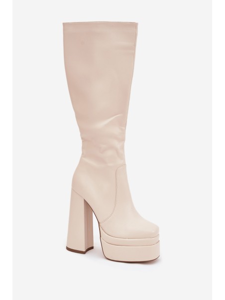 Warm women's ankle boots on a heel and platform light beige Lysara