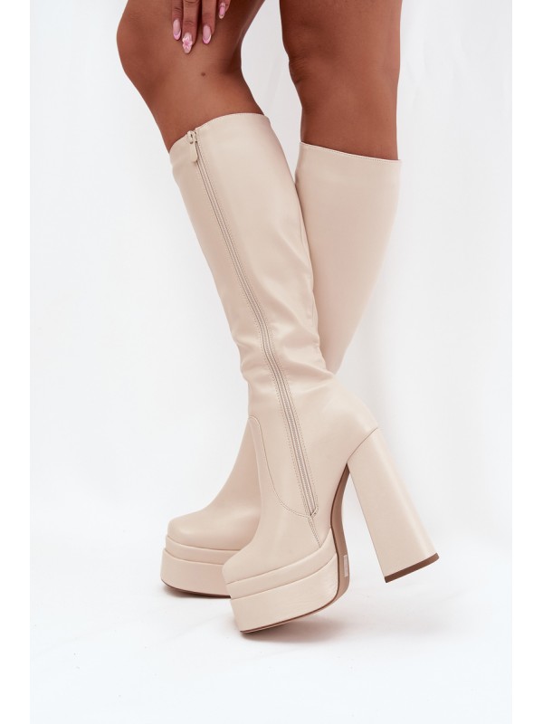 Warm women's ankle boots on a heel and platform light beige Lysara