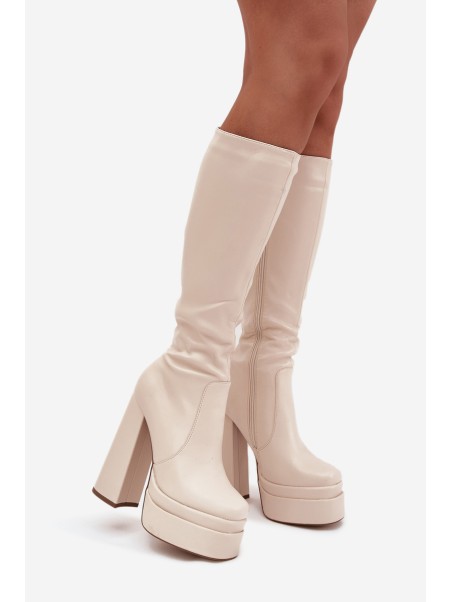 Warm women's ankle boots on a heel and platform light beige Lysara