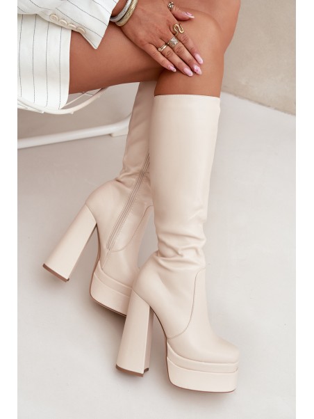 Warm women's ankle boots on a heel and platform light beige Lysara