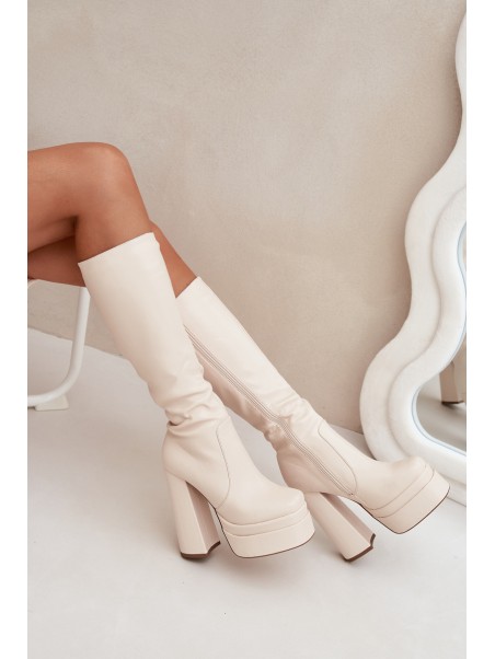 Warm women's ankle boots on a heel and platform light beige Lysara