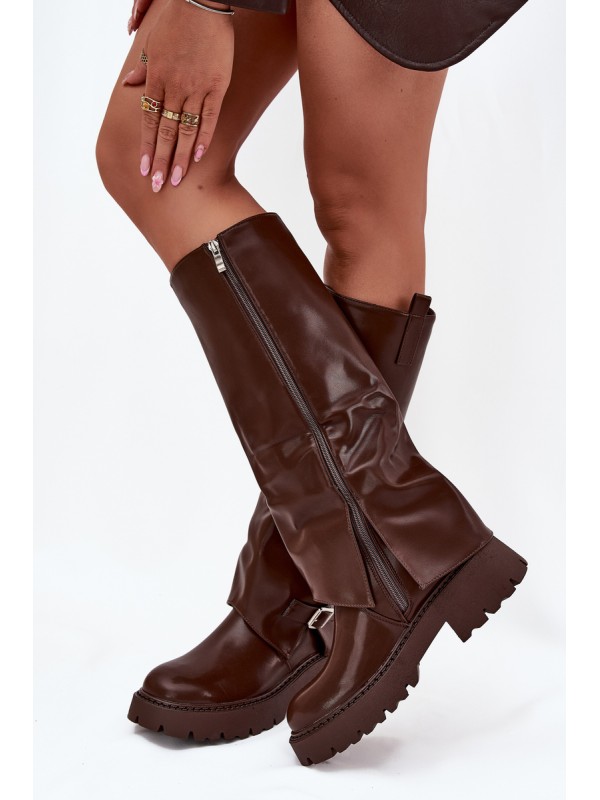 Insulated boots with rolled shaft and buckle chocolate Fiorae