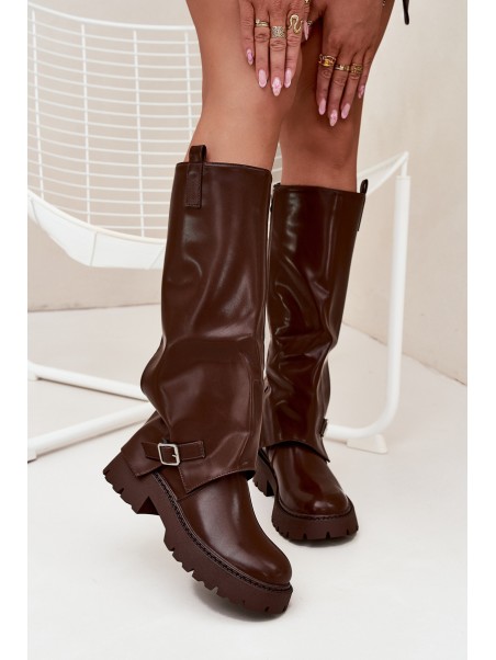 Insulated boots with rolled shaft and buckle chocolate Fiorae