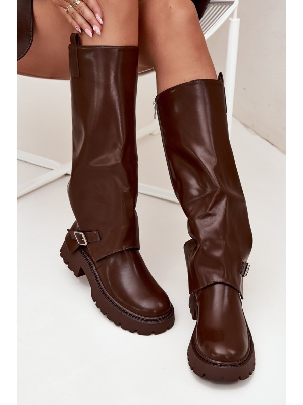 Insulated boots with rolled shaft and buckle chocolate Fiorae