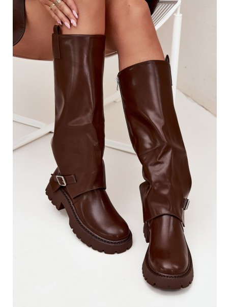 Insulated boots with rolled shaft and buckle chocolate Fiorae