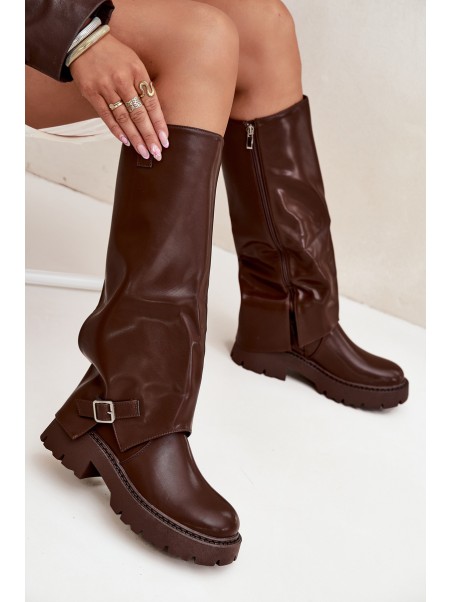 Insulated boots with rolled shaft and buckle chocolate Fiorae