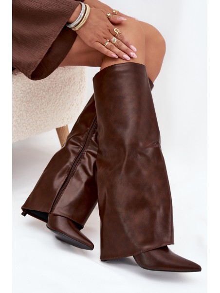 Insulated Stiletto Boots With Folded Shaft Chocolate Tamonia