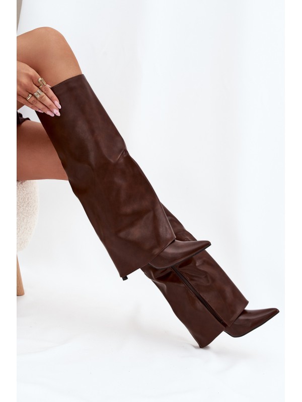 Insulated Stiletto Boots With Folded Shaft Chocolate Tamonia