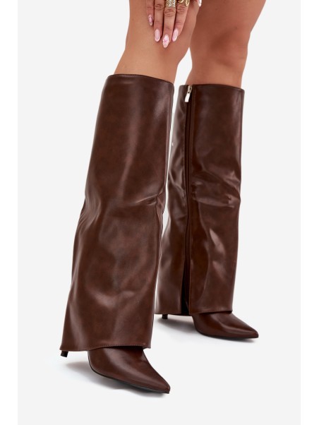 Insulated Stiletto Boots With Folded Shaft Chocolate Tamonia