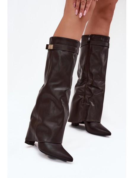 Women's Heeled Boots With Folded Shaft And Golden Detail Chocolate Diorna