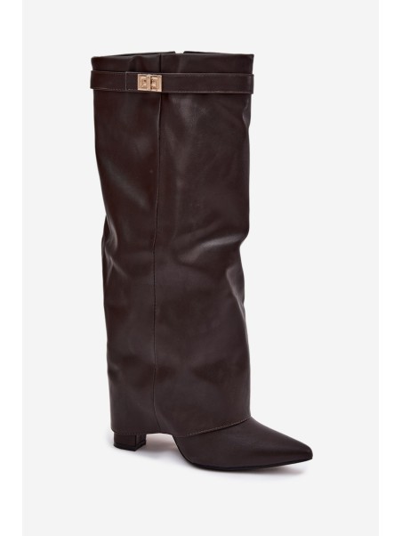 Women's Heeled Boots With Folded Shaft And Golden Detail Chocolate Diorna