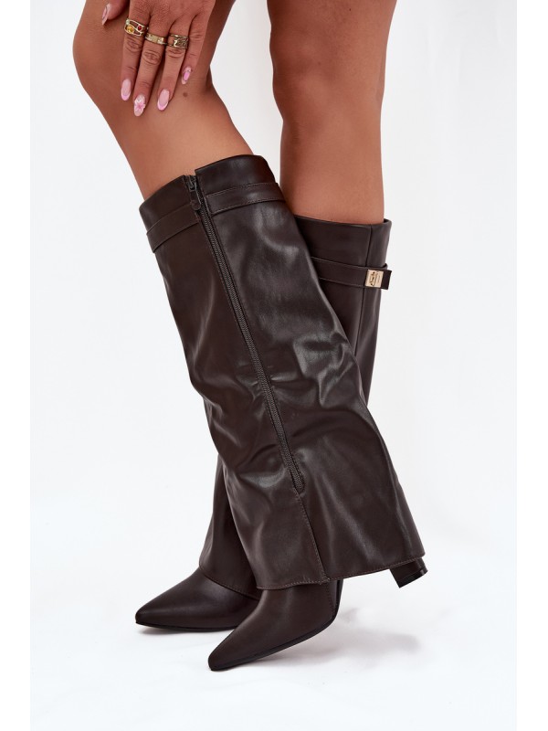 Women's Heeled Boots With Folded Shaft And Golden Detail Chocolate Diorna