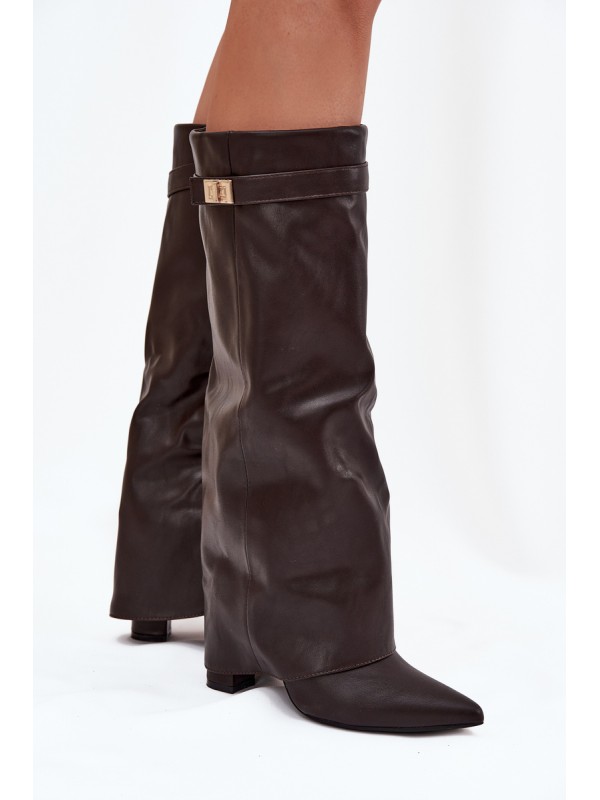 Women's Heeled Boots With Folded Shaft And Golden Detail Chocolate Diorna