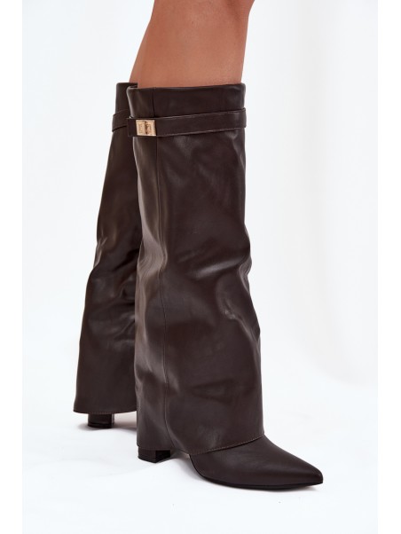 Women's Heeled Boots With Folded Shaft And Golden Detail Chocolate Diorna