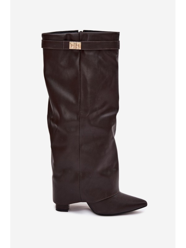 Women's Heeled Boots With Folded Shaft And Golden Detail Chocolate Diorna