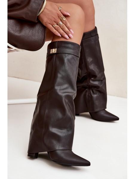 Women's Heeled Boots With Folded Shaft And Golden Detail Chocolate Diorna