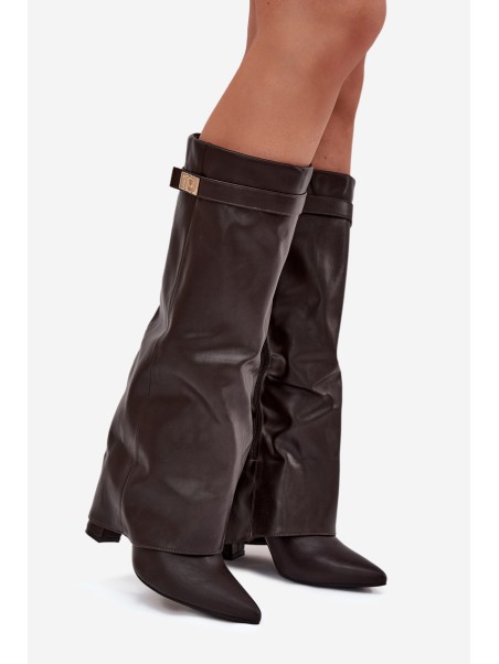 Women's Heeled Boots With Folded Shaft And Golden Detail Chocolate Diorna