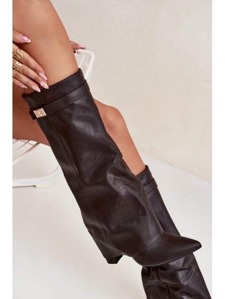 Women's Heeled Boots With Folded Shaft And Golden Detail Chocolate Diorna