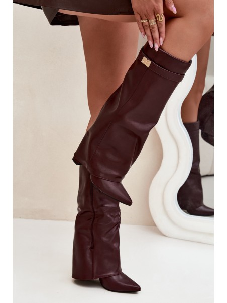 Women's Ankle Boots With Block Heel Rolled Down Shaft And Gold Detail Burgundy Diorna