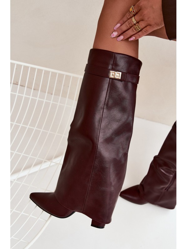 Women's Ankle Boots With Block Heel Rolled Down Shaft And Gold Detail Burgundy Diorna