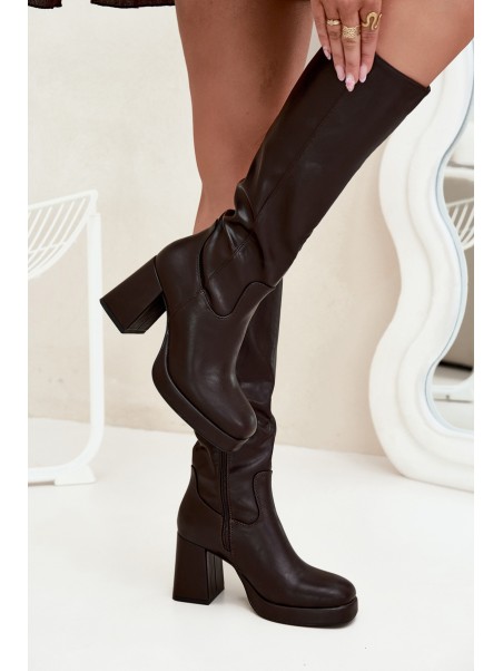 Women's Knee-High Boots With Zipper Heel Chocolate Selvia