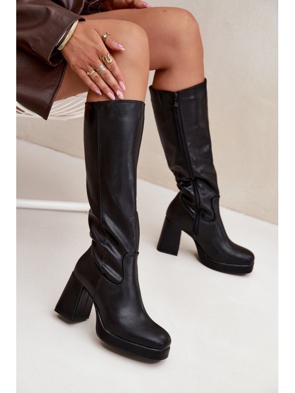 Ladies Knee High Boots With Zipper Block Heel Black Selvia