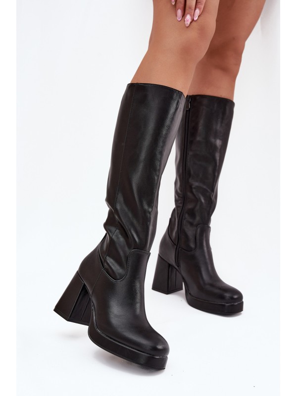 Ladies Knee High Boots With Zipper Block Heel Black Selvia 2