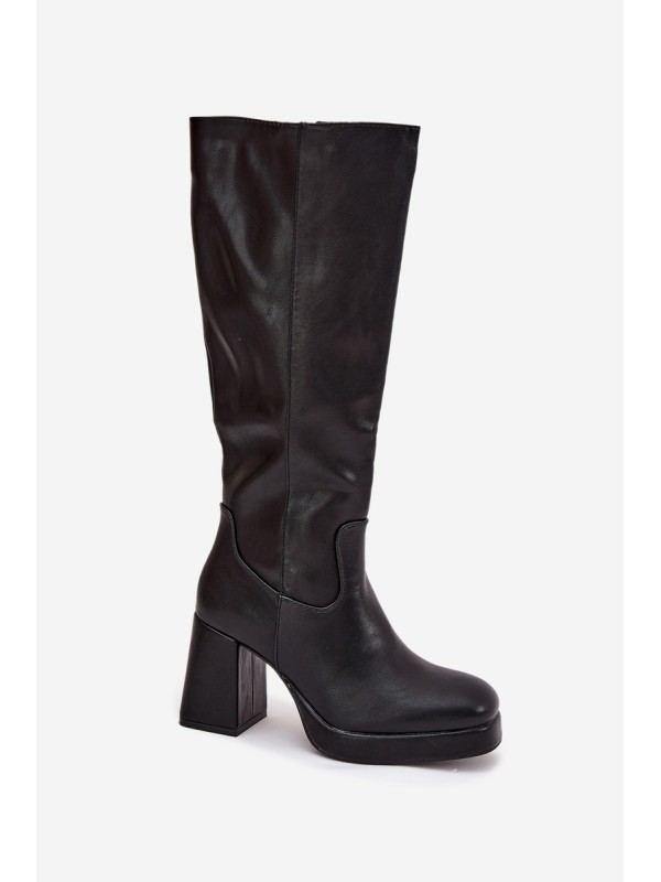 Ladies Knee High Boots With Zipper Block Heel Black Selvia