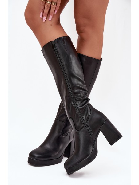 Ladies Knee High Boots With Zipper Block Heel Black Selvia