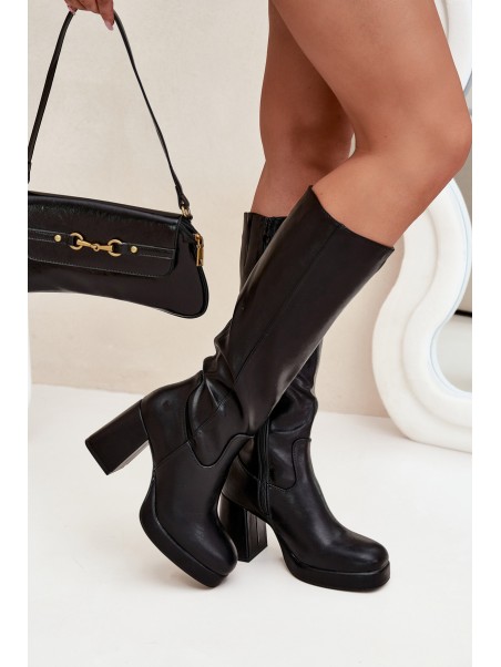 Ladies Knee High Boots With Zipper Block Heel Black Selvia