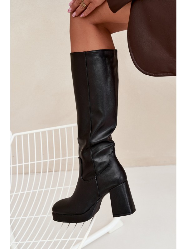 Ladies Knee High Boots With Zipper Block Heel Black Selvia
