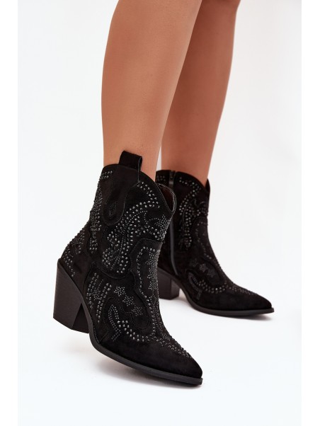 Insulated Women's Cowboy Ankle Boots With Decoration Black Lelira