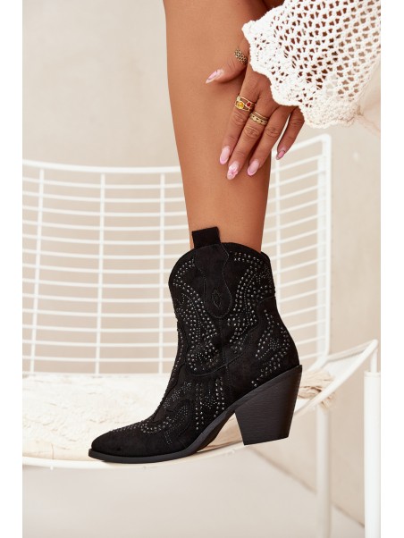 Insulated Women's Cowboy Ankle Boots With Decoration Black Lelira