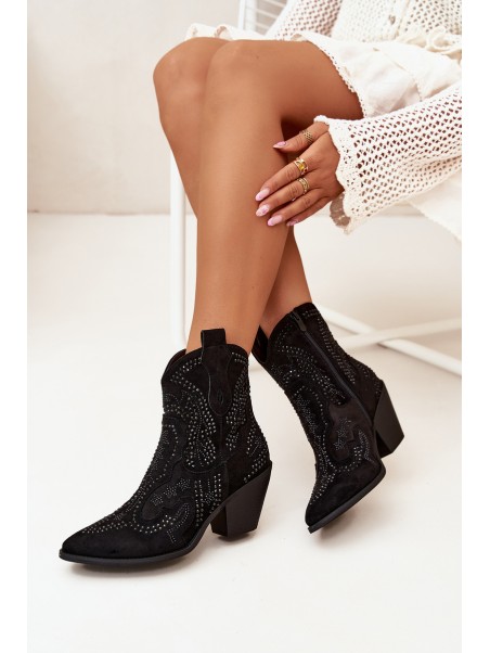 Insulated Women's Cowboy Ankle Boots With Decoration Black Lelira
