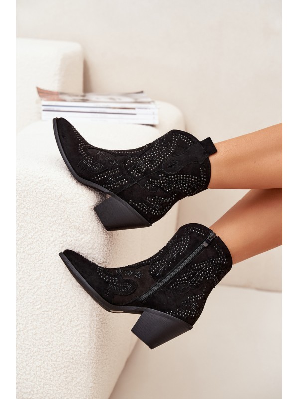 Insulated Women's Cowboy Ankle Boots With Decoration Black Lelira