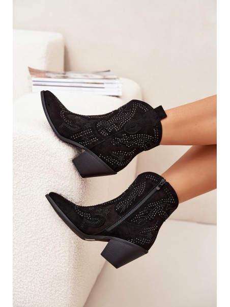 Insulated Women's Cowboy Ankle Boots With Decoration Black Lelira