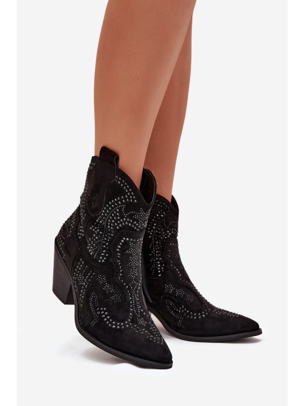 Insulated Women's Cowboy Ankle Boots With Decoration Black Lelira