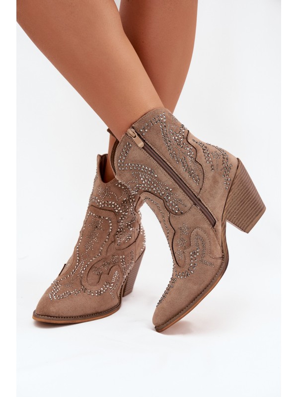 Warm Ladies Ankle Boots Cowboy Style With Decoration Beige Lelira 2
