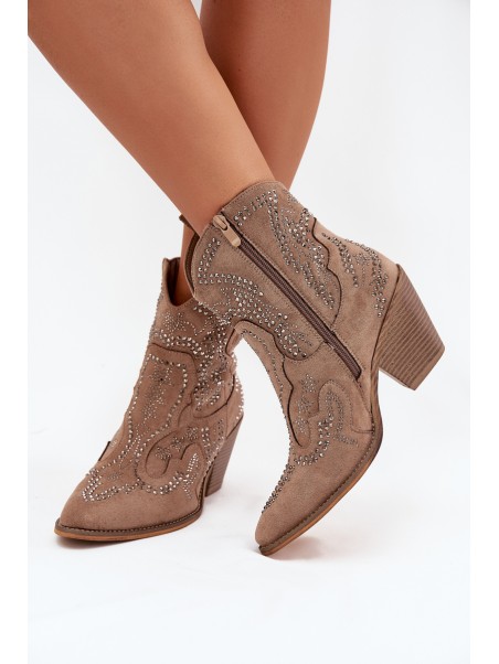 Warm Ladies Ankle Boots Cowboy Style With Decoration Beige Lelira