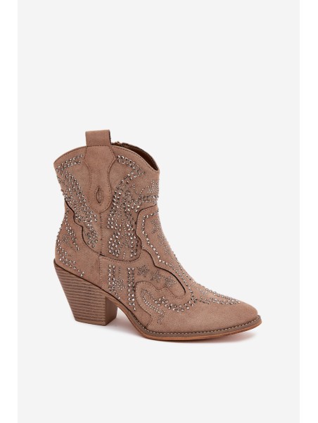Warm Ladies Ankle Boots Cowboy Style With Decoration Beige Lelira