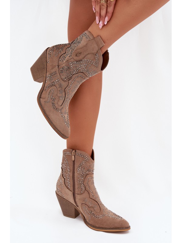 Warm Ladies Ankle Boots Cowboy Style With Decoration Beige Lelira