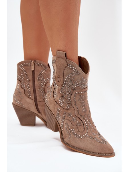 Warm Ladies Ankle Boots Cowboy Style With Decoration Beige Lelira