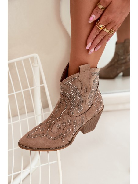 Warm Ladies Ankle Boots Cowboy Style With Decoration Beige Lelira