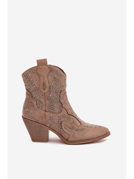 Warm Ladies Ankle Boots Cowboy Style With Decoration Beige Lelira