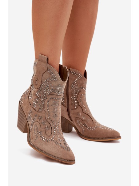 Warm Ladies Ankle Boots Cowboy Style With Decoration Beige Lelira