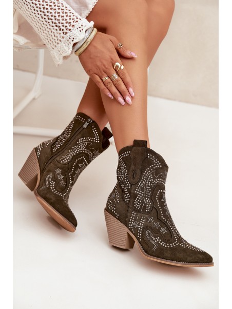 Insulated Women Cowboy Boots With Decoration Dark Green Lelira