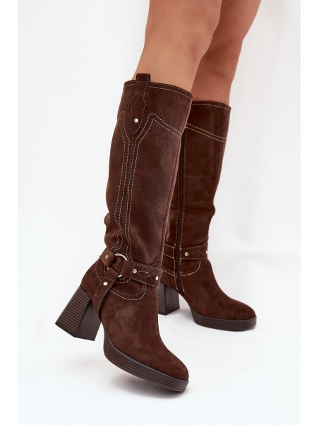 Warm women's heeled boots with stitching chocolate Alessara