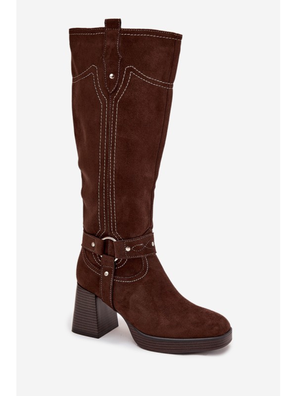 Warm women's heeled boots with stitching chocolate Alessara