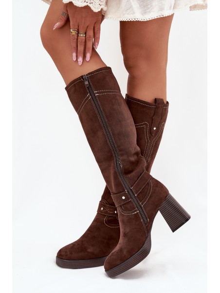 Warm women's heeled boots with stitching chocolate Alessara